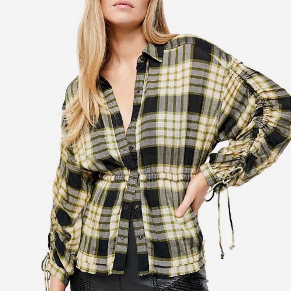 NEW! Free People Pacific Dawn Plaid Shirt Black Combo Size M $118
